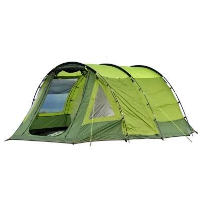 Isolated product view of Olpro 4 person family tent on a white background showing the front door configuration