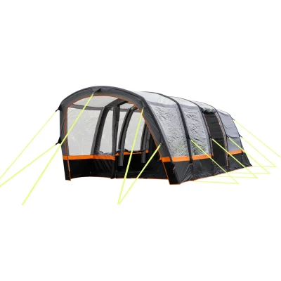 Inflatable 4 person dome camping tent with air beams and guy lines on the white background