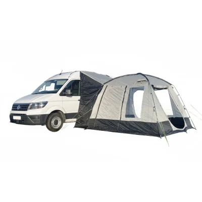 Studio image showing the connection between a white van and a poled drive-away awning