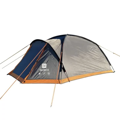 A professional studio shot of a grey and orange 2 person poled dome tent on a clean white background