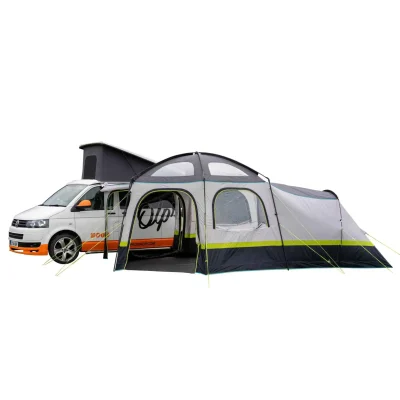 Poled campervan awning attached to camper van with large windows on a white background