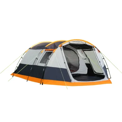 Front-angled view of an orange and grey Olpro 3 person poled tent on a clean white background