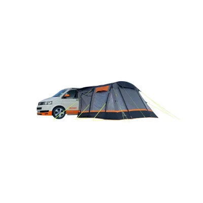 Olpro inflatable awning connects to a campervan on a white background