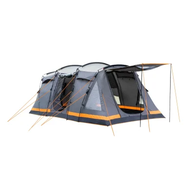 Isolated view of the poled family tent with all doors and canopies open on a white background