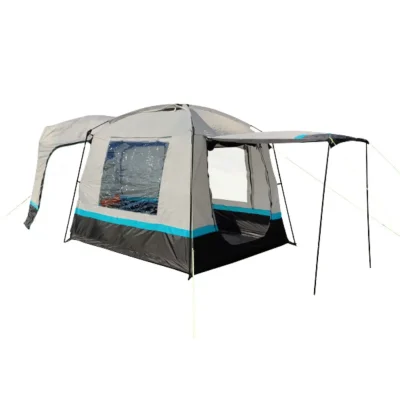 Isolated shot of a poled drive-away campervan awning on a white background showing the side windows and canopy