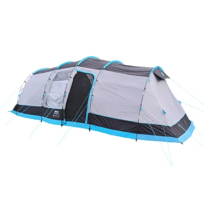 Isolated view of a large Olpro poled family tent with blue accents on a clean white background