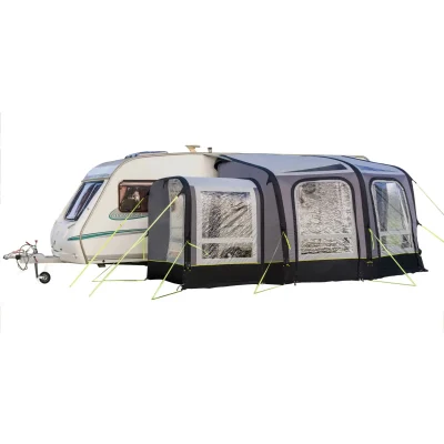 Olpro air beam caravan awning with large windows and guy lines set up next to caravan on the white background