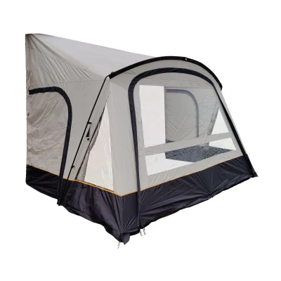 Perspective shot of Olpro View Lite 390 caravan awning shown on a clean white background