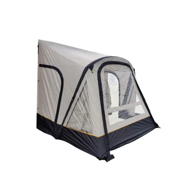 Poled caravan awning on a white background showing its freestanding shape