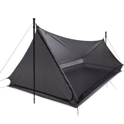 Front angled perspective of the 2 person ultralight mesh bug shelter, showing the reinforced apex and high tenacity mesh fabric