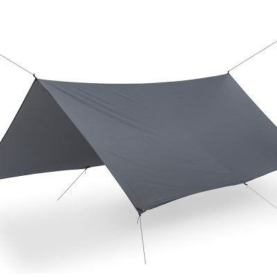 Front angled view of Liteway 2 person ultralight tarp in charcoal grey with reinforced guy line attachment points