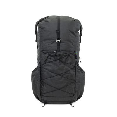 Direct front shot of the black Biggie Pack Ultra 45L demonstrating the roll-top closure system
