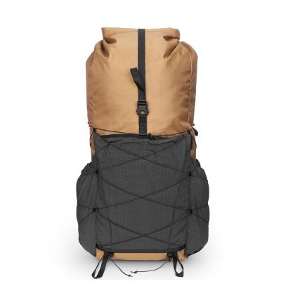 High angle view of the coyote brown backpack emphasizing the roll-top closure and compression straps