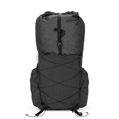 Front view of the black ultralight backpack with a roll-top closure for adjustable volume