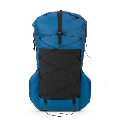 Side shot of the blue 35L pack highlighting the secure storage for large 1.5L plastic water bottles
