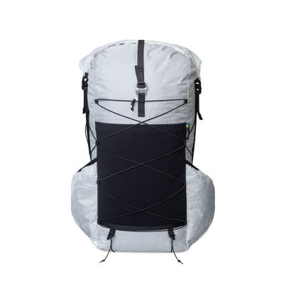 Direct front shot of the light grey ultralight backpack with a clean roll-top closure for variable volume