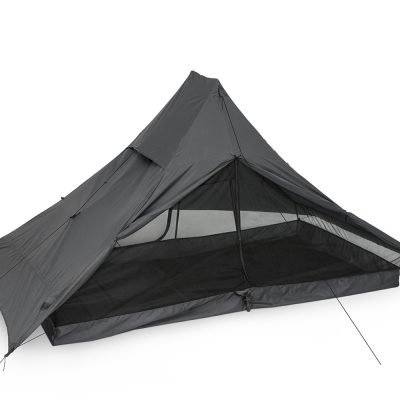 Liteway Illusion Duo 2P with the front vestibule open, showcasing the breathable mesh sleeping area