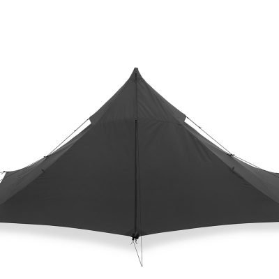 Front view of the black Liteway solo pyramid camping tent demonstrating its aerodynamic profile for mountain use