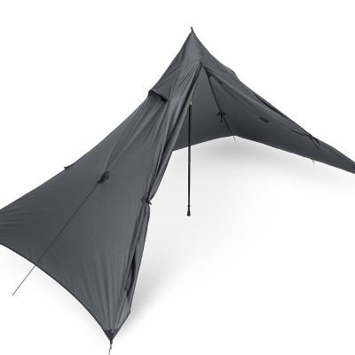 Three quarter view of a grey 2 person tarp and mesh system with the entrance flap open