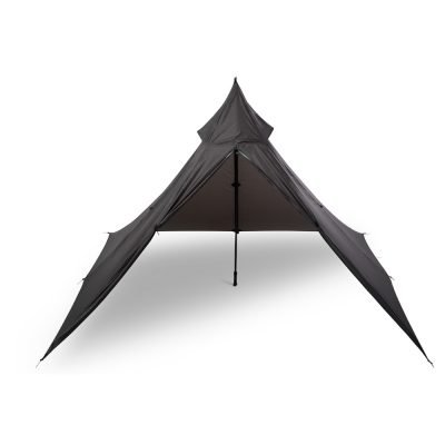 Front angled shot of the 4P shelter pitched high to allow for maximum airflow and gear storage