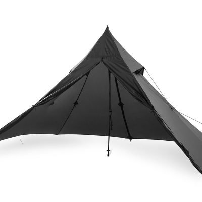 Wide angled view of Liteway ultralight black tarp showing the internal space and central support pole
