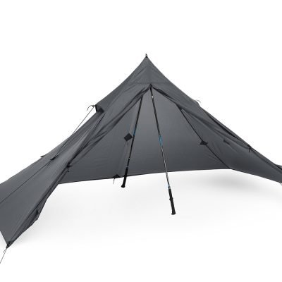 Front facing view of the charcoal grey Liteway solo tarp variant pitched for maximum headspace