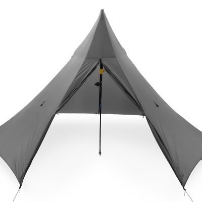 Close up of the zippered door on a black 3 person tarp on a white background