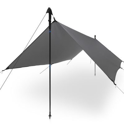 Three quarter perspective of Liteway XL ultralight tarp demonstrating its increased surface area for weather protection
