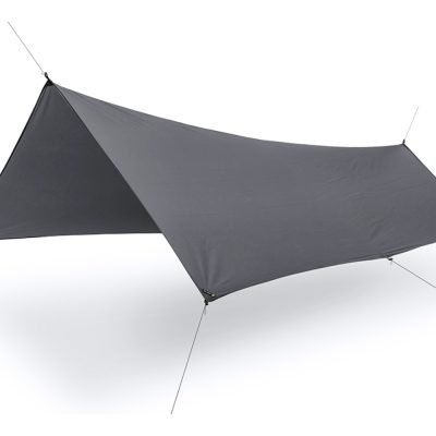 Front view of the olive green Liteway tarp pitched for maximum internal clearance and ventilation