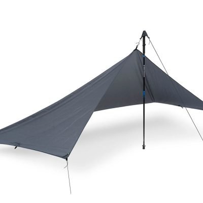 Compact 1 person pyramid tarp in olive green and black, optimized for minimalist solo wild camping