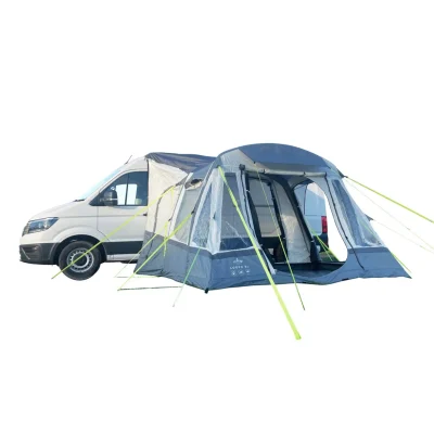 White background image of Olpro Loopo Breeze Tall Tunnel Motorhome Awning pitched and attached to a campervan