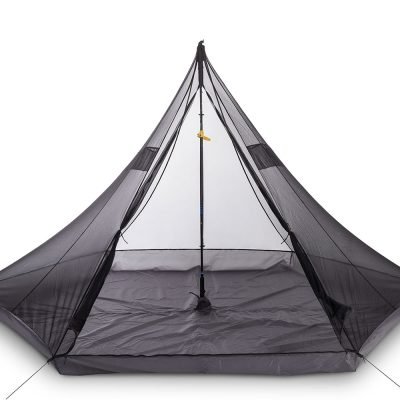 Wide angle interior shot demonstrating the massive floor area of the 3 person hexagonal mesh shelter.