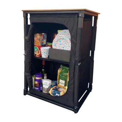 OLPRO bamboo cooking table with the door open, revealing two internal shelves stocked with camping food and supplies for efficient organization.