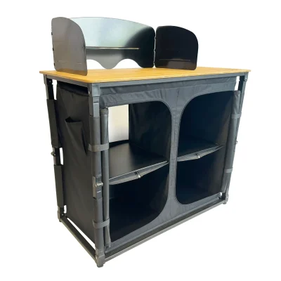 OLPRO Deluxe Camp Kitchen with the front doors open, showing four large internal storage compartments and a premium bamboo tabletop for campsite organization.