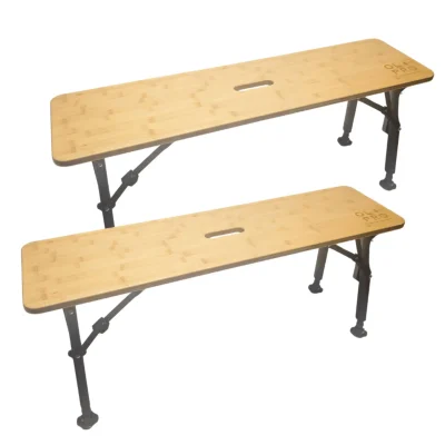 Set of two OLPRO folding camping benches with natural bamboo tops and adjustable aluminium frames, shown on a white background.