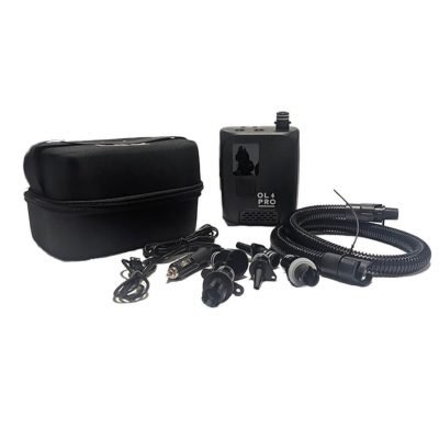 OLPRO High-Pressure Air Pump kit with 6 valve connectors, Type-C charging cable, 12V car adapter, and a hard-shell carry case for SUP and tent inflation.