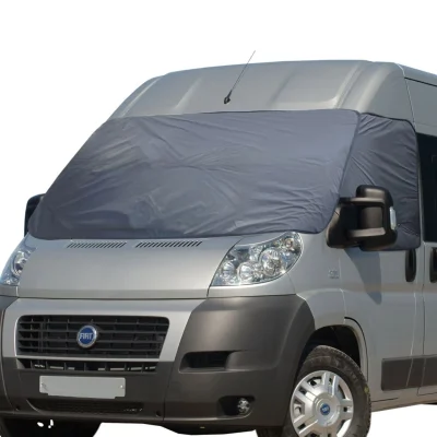 Close-up of the OLPRO 3-piece external thermal cover on a Peugeot Boxer, highlighting the snug fit and weather-resistant material that prevents condensation.