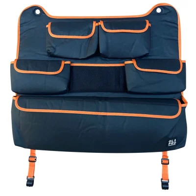 Double-width OLPRO Rear Seat Storage Organiser with orange accents, offering 10 total pockets across two joined units.