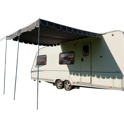 Studio graphic showing a charcoal OLPRO Retro Shade Caravan Canopy fitted to a white caravan, highlighting the 260cm x 260cm square coverage and 3-pole support system.