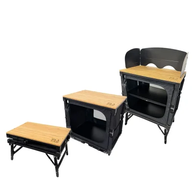 Comparison of the three adjustable heights for the OLPRO bamboo camping furniture, showing its use as a coffee table, side table, and kitchen unit.