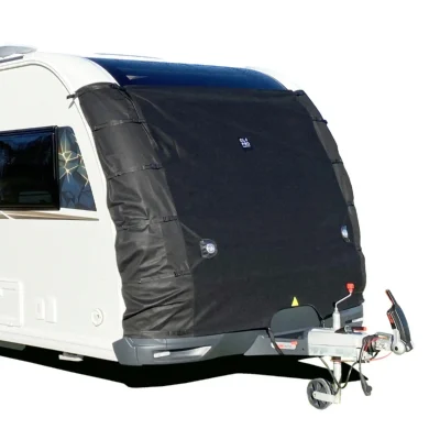 Universal fit OLPRO front towing cover installed on a white caravan, showing the full coverage of the front window and lower panel.