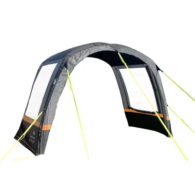 Studio illustration of the inflatable Cocoon Breeze awning extension with its single-beam structure and bright yellow high-visibility guy lines for safety.