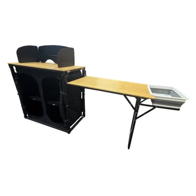 Studio illustration of the 190cm wide OLPRO Deluxe Bamboo Camp Kitchen with side table, washing bowl, and powder-coated steel wind shield on a white background.