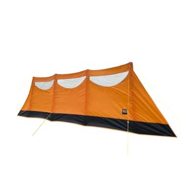 Isolated studio image of the bright orange 3-panel air windbreak, ideal for high-visibility and privacy in crowded camping areas.