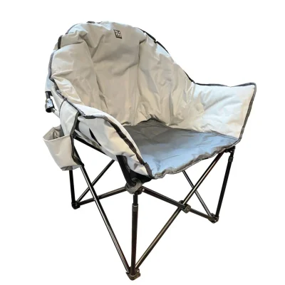 Front view of the grey and black Olympus XL bucket chair, showing the premium quilted padding for warmth on chilly evenings.
