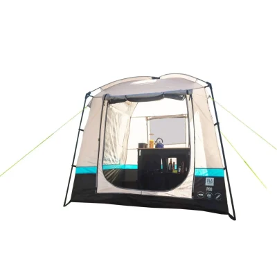Studio illustration of the OLPRO Pod Storage Tent with a visible sewn-in groundsheet and front bucket door designed to keep out rain and moisture.