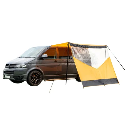 Studio shot of the orange and black OLPRO Scenic Shade, compatible with VW Transporter, Ford Transit Custom, and Vauxhall Vivaro campervans.