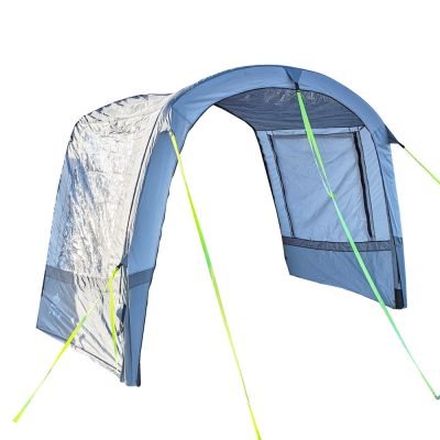 Studio illustration of the Cocoon Breeze inflatable awning extension, featuring Breeze® TPU beam technology and 5000mm waterproof REPRO 150D fabric.