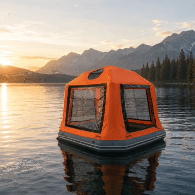 The Floating Inflatable Tent revolutionizes the traditional camping boundary by merging full land functionality with stable, buoyant water-based accommodation.